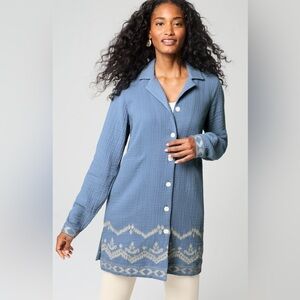 NWT Pure Jill cotton-gauze embroidered Blue duster jacket L Tall